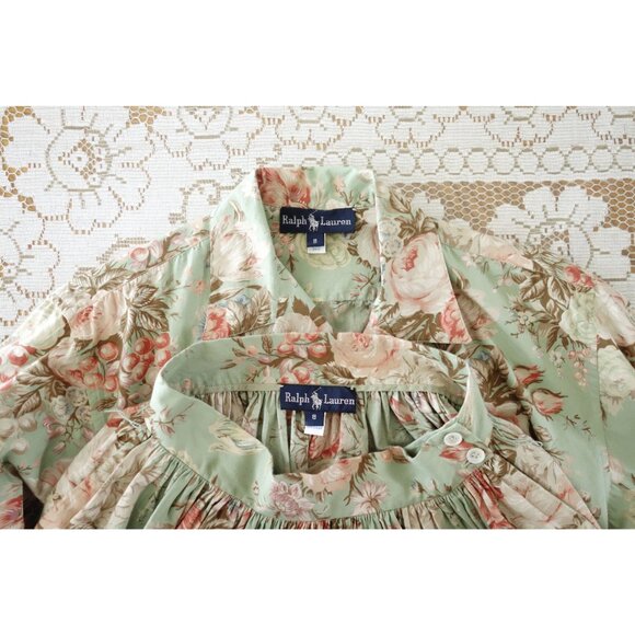 Vtg 80s 90s Ralph Lauren Dusty Green Floral Print Wrap Top + Midi Skirt Set XS 2 - Picture 6 of 8